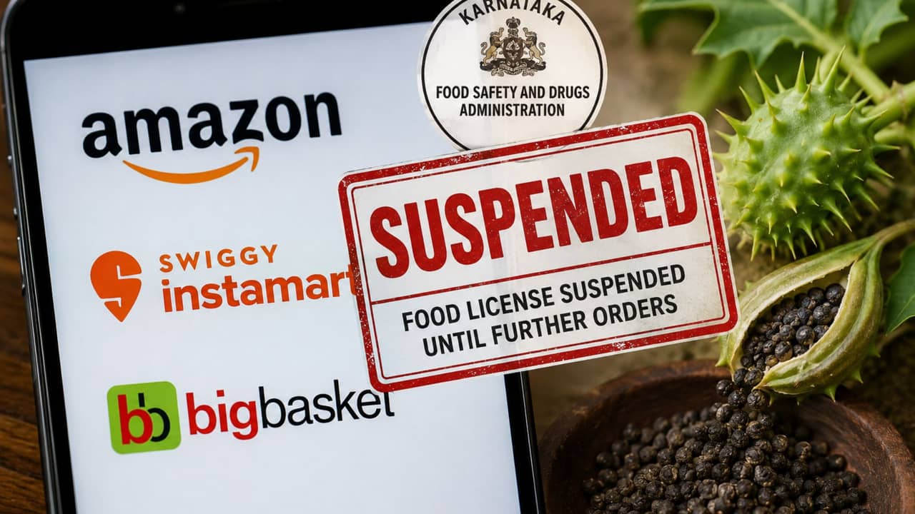 Amazon, Swiggy Instamart और BigBasket के फूड लाइसेंस सस्पेंड, प्लेटफॉर्म पर बिक रहा था धतूरा Amazon, Swiggy Instamart और BigBasket के फूड लाइसेंस सस्पेंड, प्लेटफॉर्म पर बिक रहा था धतूरा